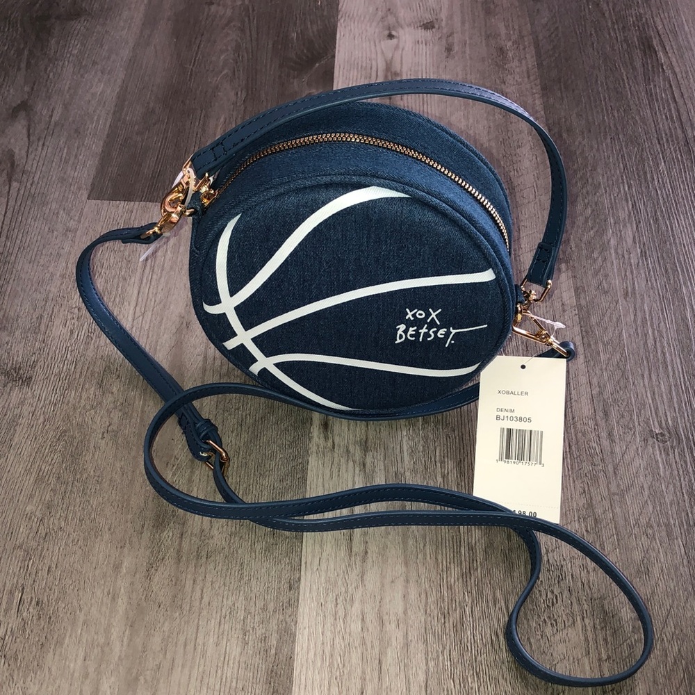 Betsey Johnson XOBALLER Denim & White Basketball Crossbody Bag Whistle Charm NWT